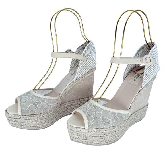VALENTINO GARAVANI Mesh Lace Leather Espadrille Wedge EU 39 US 9 Platform Sandal - Picture 4 of 12
